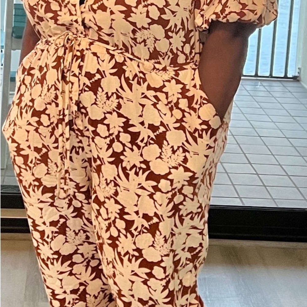 Floral Print Jumpsuit - Brown and Cream
